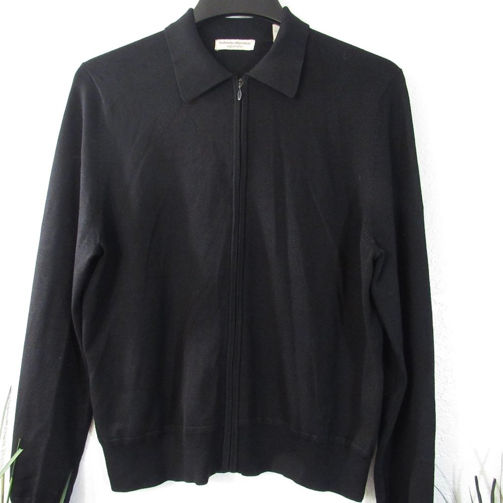 Black Zip Front Silk Cardigan Sweater Sz L - Picture 1 of 6